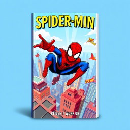 A vibrant and dynamic e-book cover featuring a stylized character inspired by Spider-Man, depicted in an action-packed pose on a rooftop skyline of a bustling city