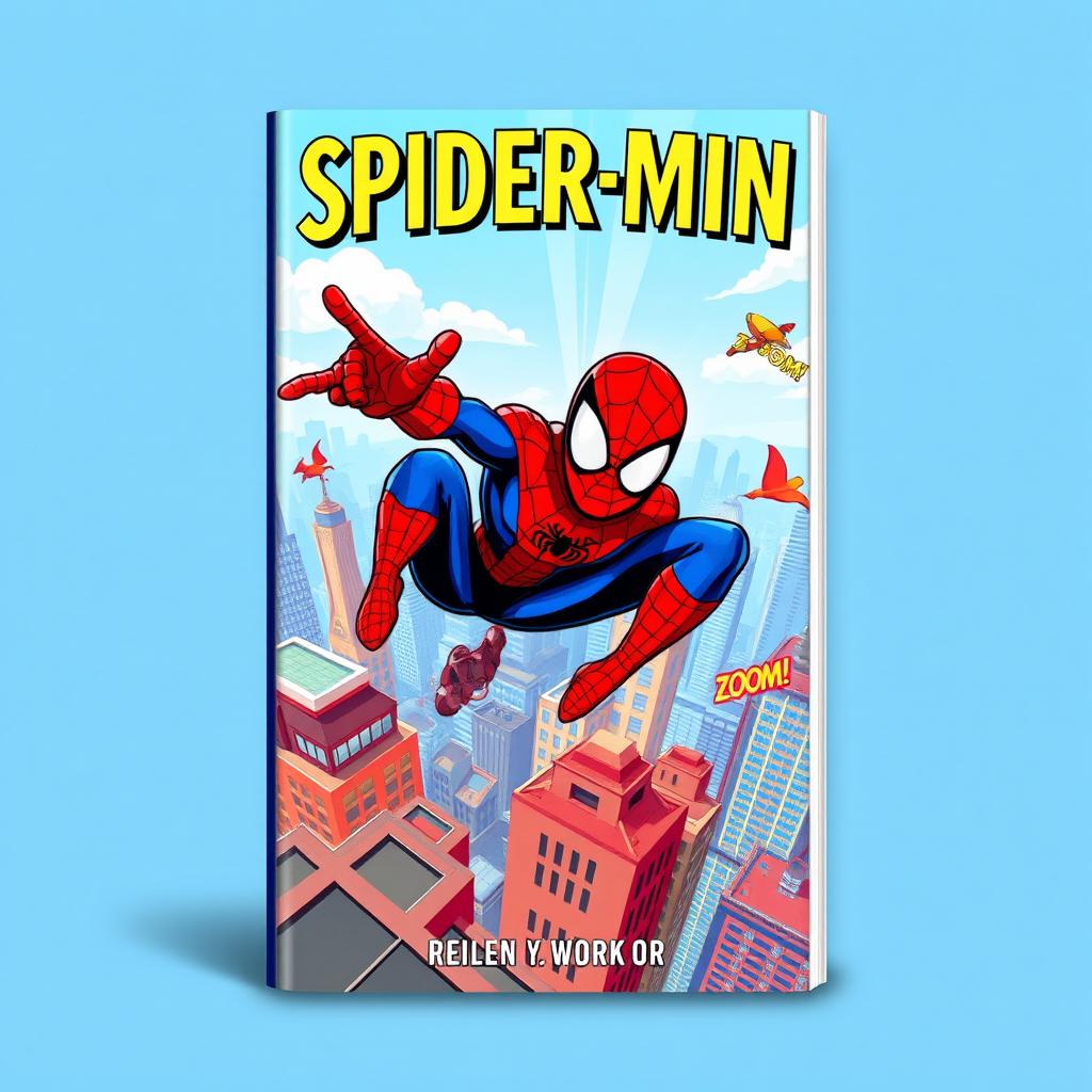 A vibrant and dynamic e-book cover featuring a stylized character inspired by Spider-Man, depicted in an action-packed pose on a rooftop skyline of a bustling city