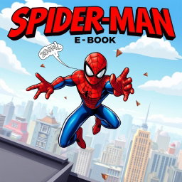 A vibrant and dynamic e-book cover featuring a stylized character inspired by Spider-Man, depicted in an action-packed pose on a rooftop skyline of a bustling city