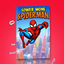 A vibrant and dynamic e-book cover featuring a stylized character inspired by Spider-Man, depicted in an action-packed pose on a rooftop skyline of a bustling city