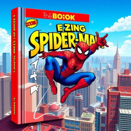 A vibrant and dynamic e-book cover featuring a stylized character inspired by Spider-Man, depicted in an action-packed pose on a rooftop skyline of a bustling city