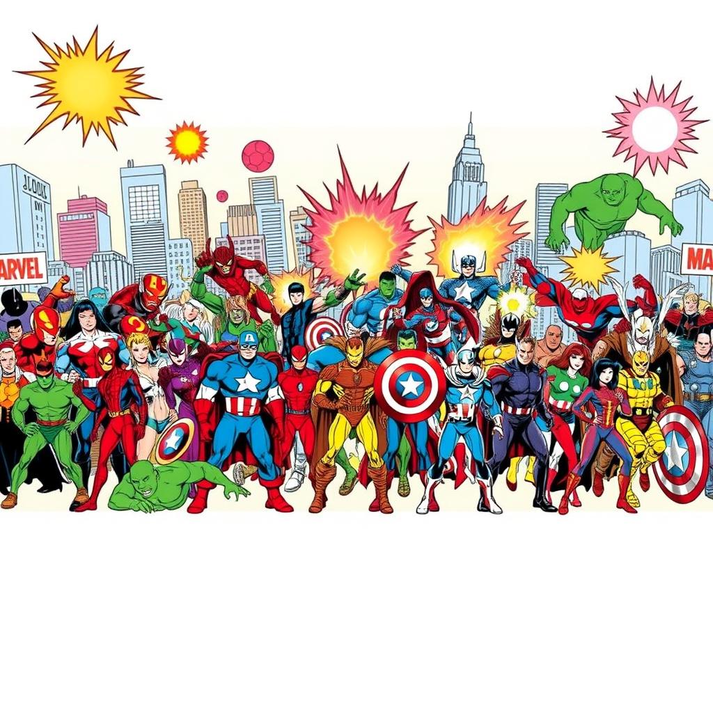 A comprehensive and colorful illustration featuring a dynamic horizontal lineup of iconic Marvel comic book characters, including Spider-Man, Iron Man, Captain America, Thor, Hulk, Black Widow, and many more, all in their classic comic book styles