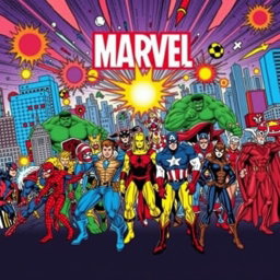 A comprehensive and colorful illustration featuring a dynamic horizontal lineup of iconic Marvel comic book characters, including Spider-Man, Iron Man, Captain America, Thor, Hulk, Black Widow, and many more, all in their classic comic book styles