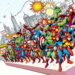 A comprehensive and colorful illustration featuring a dynamic horizontal lineup of iconic Marvel comic book characters, including Spider-Man, Iron Man, Captain America, Thor, Hulk, Black Widow, and many more, all in their classic comic book styles