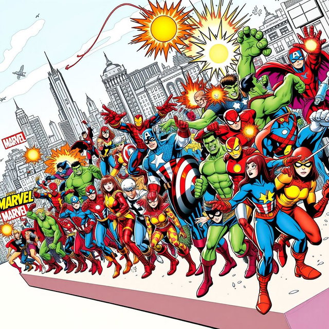 A comprehensive and colorful illustration featuring a dynamic horizontal lineup of iconic Marvel comic book characters, including Spider-Man, Iron Man, Captain America, Thor, Hulk, Black Widow, and many more, all in their classic comic book styles