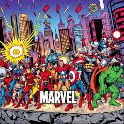 A comprehensive and colorful illustration featuring a dynamic horizontal lineup of iconic Marvel comic book characters, including Spider-Man, Iron Man, Captain America, Thor, Hulk, Black Widow, and many more, all in their classic comic book styles