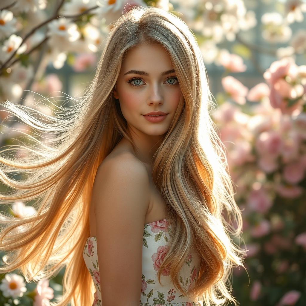 A stunning young woman with flowing, silky long hair cascading down her shoulders