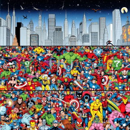An extensive and colorful illustration showcasing a complete lineup of 800 Marvel comic book characters in a grand horizontal frieze