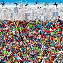 An extensive and colorful illustration showcasing a complete lineup of 800 Marvel comic book characters in a grand horizontal frieze