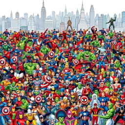An extensive and colorful illustration showcasing a complete lineup of 800 Marvel comic book characters in a grand horizontal frieze