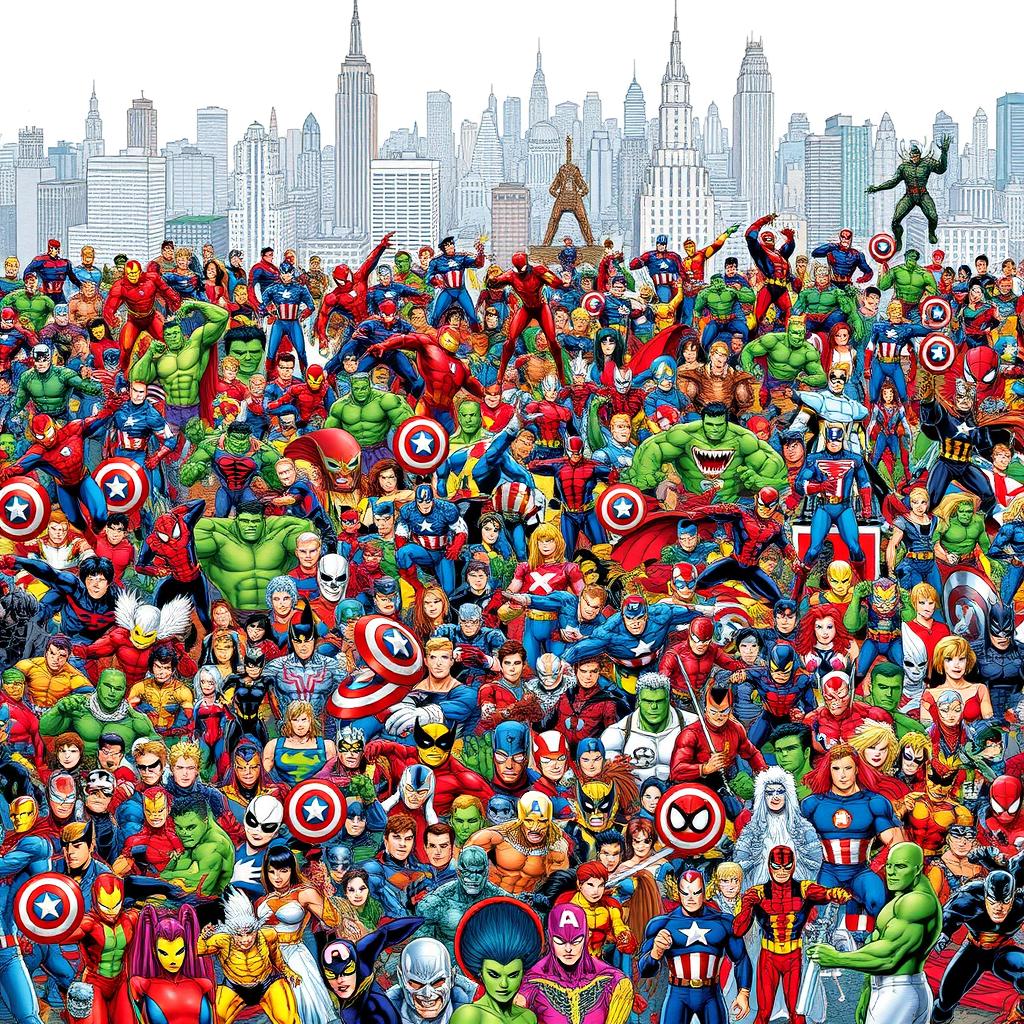 An extensive and colorful illustration showcasing a complete lineup of 800 Marvel comic book characters in a grand horizontal frieze