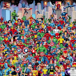 An extensive and colorful illustration showcasing a complete lineup of 800 Marvel comic book characters in a grand horizontal frieze