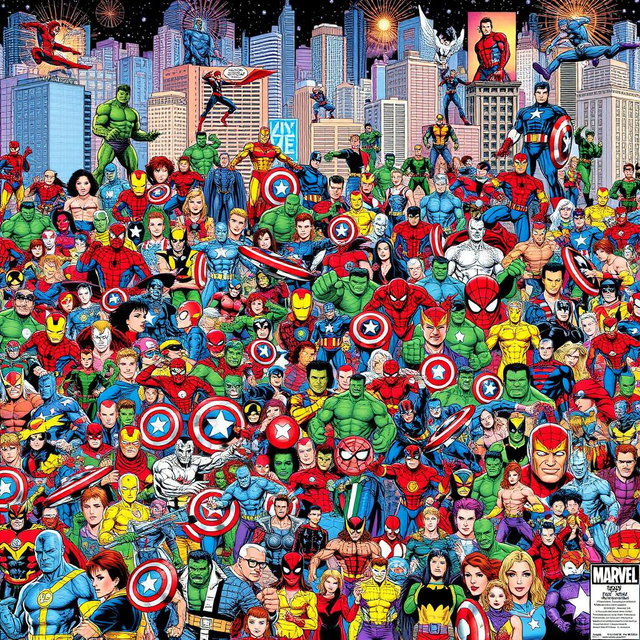 An extensive and colorful illustration showcasing a complete lineup of 800 Marvel comic book characters in a grand horizontal frieze