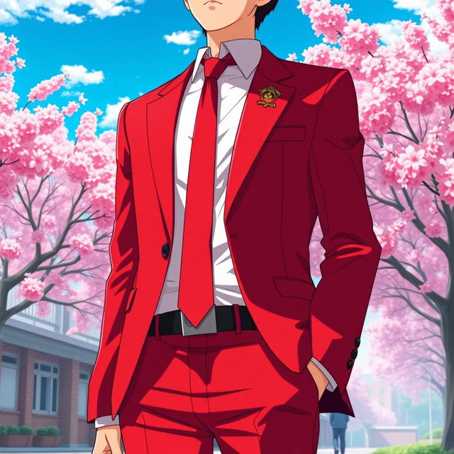 An intense red Japanese anime school uniform for men, showcasing a vibrant and bold design