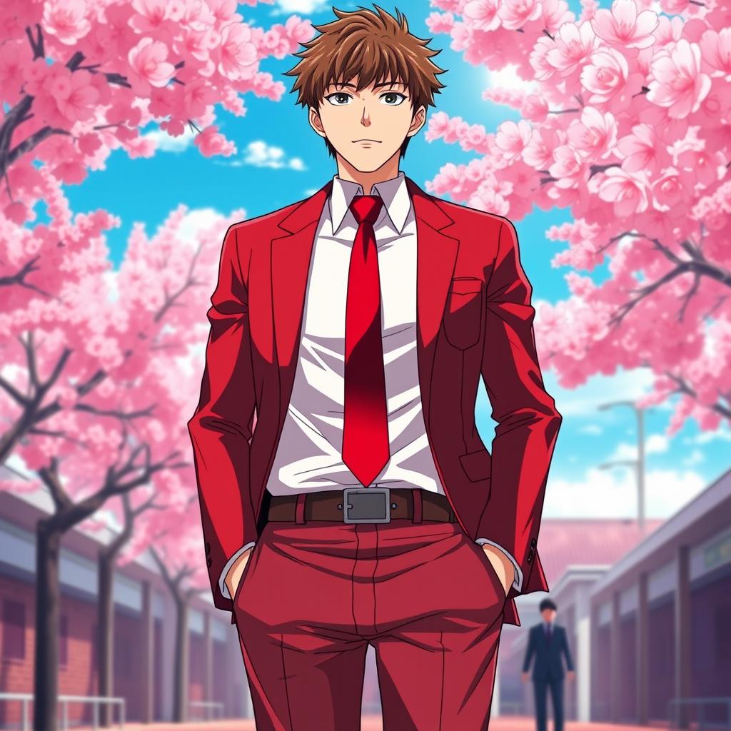 An intense red Japanese anime school uniform for men, showcasing a vibrant and bold design