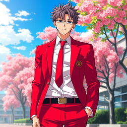 An intense red Japanese anime school uniform for men, showcasing a vibrant and bold design