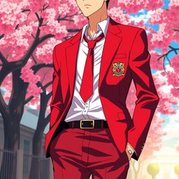 An intense red Japanese anime school uniform for men, showcasing a vibrant and bold design
