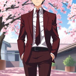 A stylish Japanese anime school uniform for men, featuring a dark red color that is almost black