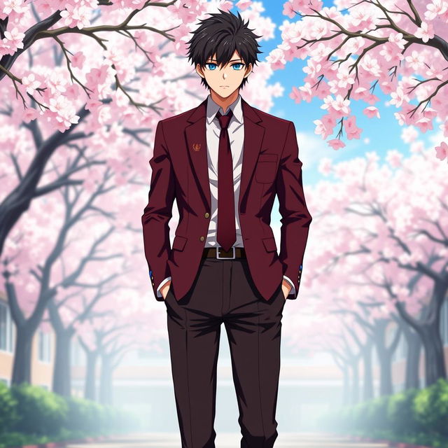 A stylish Japanese anime school uniform for men, featuring a dark red color that is almost black