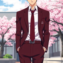 A stylish Japanese anime school uniform for men, featuring a dark red color that is almost black