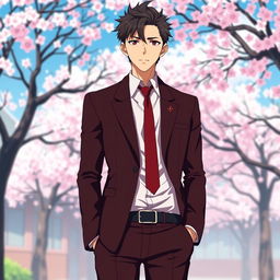 A stylish Japanese anime school uniform for men, featuring a dark red color that is almost black