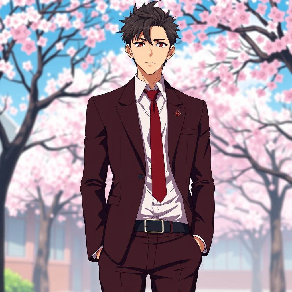 A stylish Japanese anime school uniform for men, featuring a dark red color that is almost black