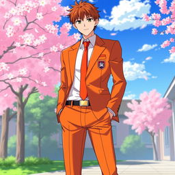 A vibrant orange Japanese anime school uniform for men, featuring a stylish and contemporary design