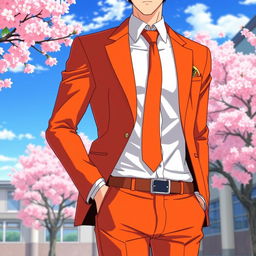 A vibrant orange Japanese anime school uniform for men, featuring a stylish and contemporary design