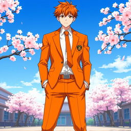 A vibrant orange Japanese anime school uniform for men, featuring a stylish and contemporary design