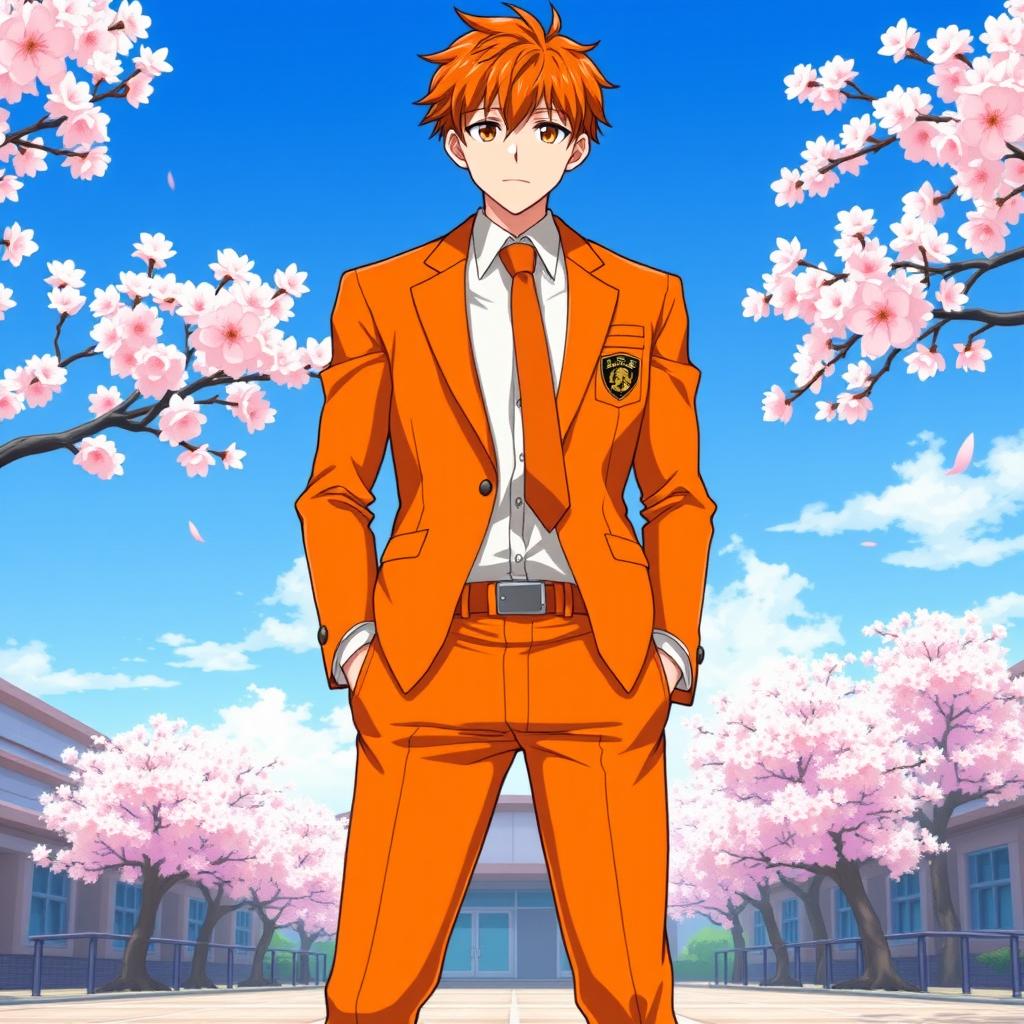 A vibrant orange Japanese anime school uniform for men, featuring a stylish and contemporary design