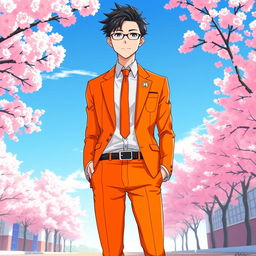 A vibrant orange Japanese anime school uniform for men, featuring a stylish and contemporary design