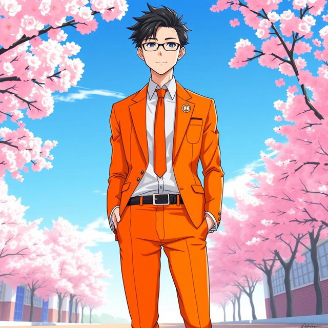 A vibrant orange Japanese anime school uniform for men, featuring a stylish and contemporary design