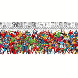 A colossal and detailed frieze illustrating all 800 Marvel comic book characters from their inception in 1936 to 2025, meticulously arranged in chronological order of their first appearance