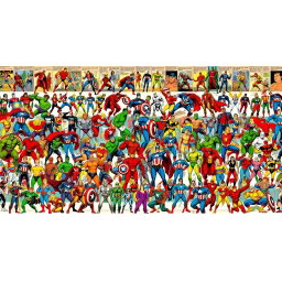 A colossal and detailed frieze illustrating all 800 Marvel comic book characters from their inception in 1936 to 2025, meticulously arranged in chronological order of their first appearance