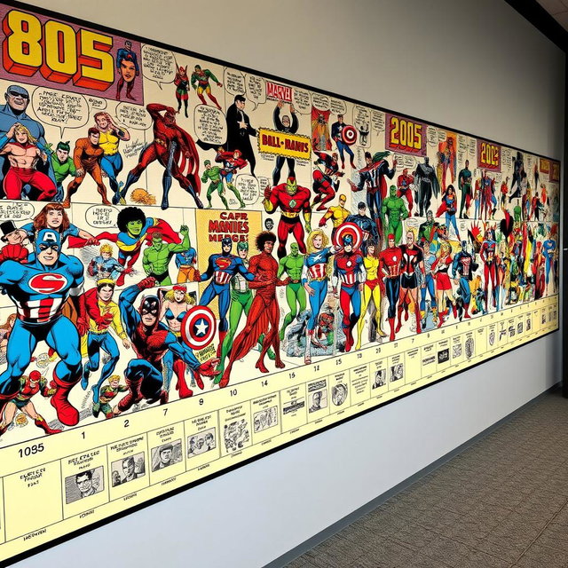 A colossal and detailed frieze illustrating all 800 Marvel comic book characters from their inception in 1936 to 2025, meticulously arranged in chronological order of their first appearance