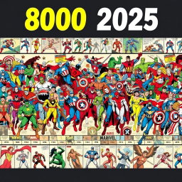 A colossal and detailed frieze illustrating all 800 Marvel comic book characters from their inception in 1936 to 2025, meticulously arranged in chronological order of their first appearance