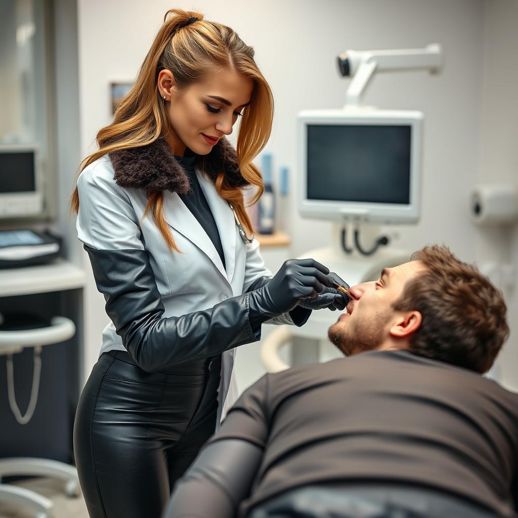 A beautiful female doctor wearing tight black leather leggings and leather gloves, along with a leather jacket that has a fur collar