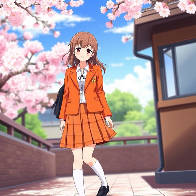 A charming Japanese anime school uniform for women, featuring a bright orange color