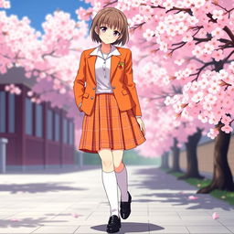 A charming Japanese anime school uniform for women, featuring a bright orange color