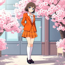 A charming Japanese anime school uniform for women, featuring a bright orange color