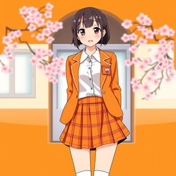 A charming Japanese anime school uniform for women, featuring a bright orange color