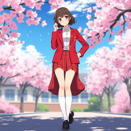 A stylish Japanese anime school uniform for women, featuring a bold red color