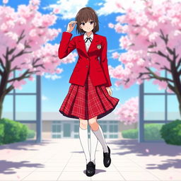 A stylish Japanese anime school uniform for women, featuring a bold red color
