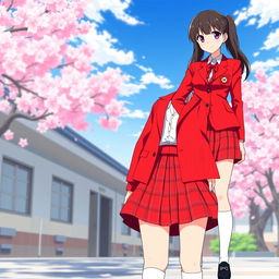 A stylish Japanese anime school uniform for women, featuring a bold red color