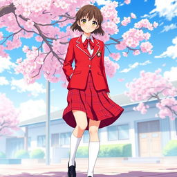 A stylish Japanese anime school uniform for women, featuring a bold red color