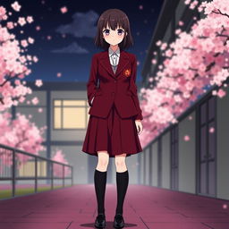 A striking Japanese anime school uniform for women, featuring a deep crimson color that borders on black