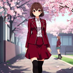 A striking Japanese anime school uniform for women, featuring a deep crimson color that borders on black