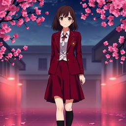 A striking Japanese anime school uniform for women, featuring a deep crimson color that borders on black