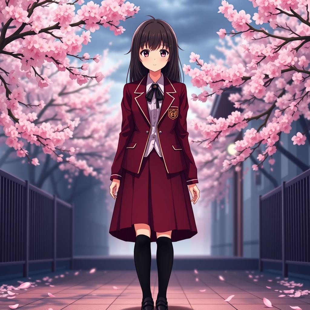 A striking Japanese anime school uniform for women, featuring a deep crimson color that borders on black