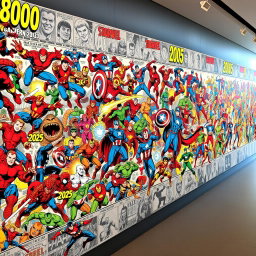 A gigantic and meticulously detailed frieze illustrating all 800 Marvel comic book characters that have appeared from 1936 to 2025, arranged in chronological order of their first appearances